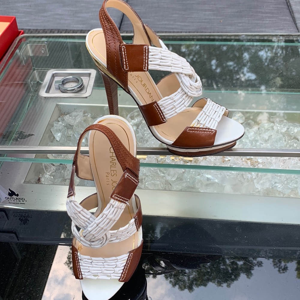 Charles Jourdan Paris, white, brown and metallic gold heel
